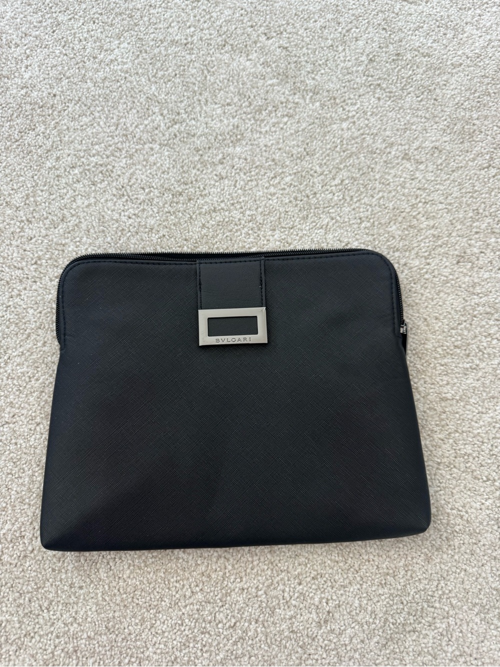 Bulgari Black Leather Cosmetic Pouch with Metal Logo Plaque